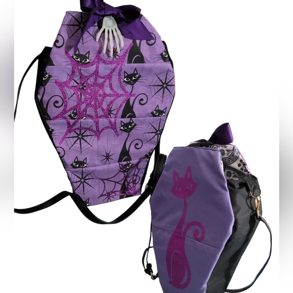 Purple Coffin-Shaped Bag with Cat and Spiderweb Design